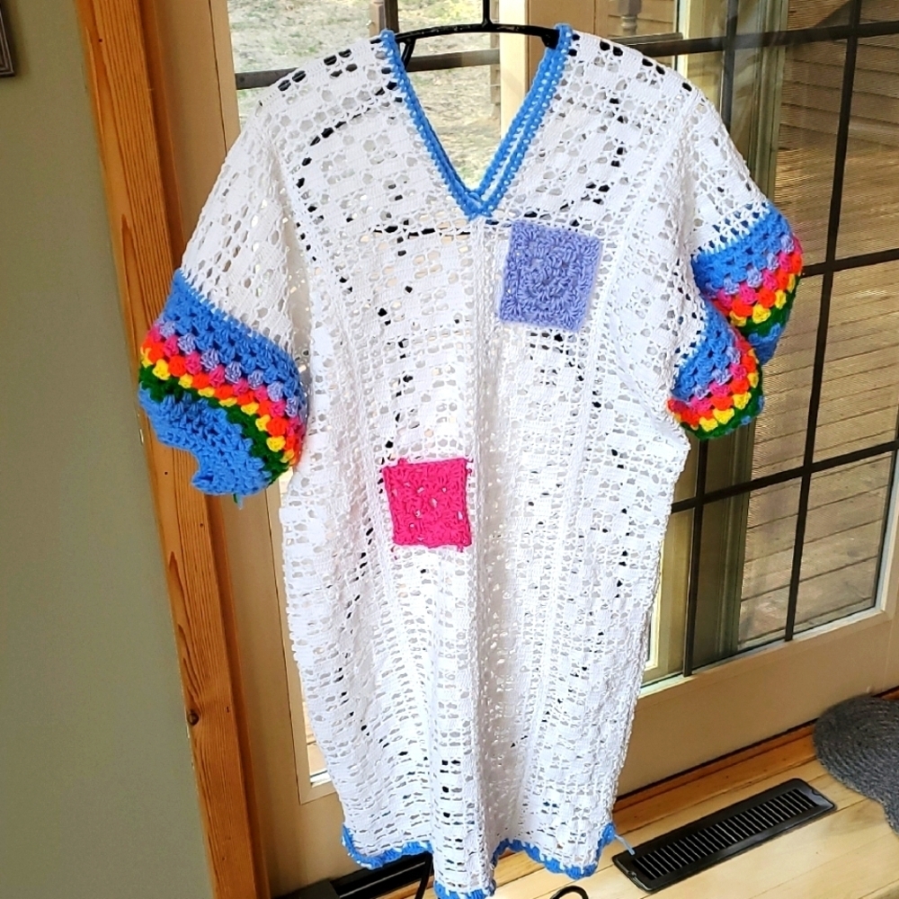Handcrafted Handmade Colorful Crocheted Sz. XL Dress w Rainbow Sleeves Cover-up